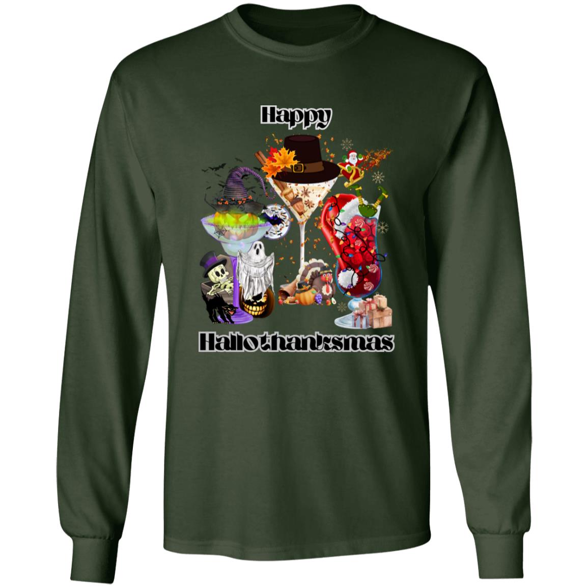Happy Hallothanksmas Cocktails Dk Print| Long Sleeve T-Shirt