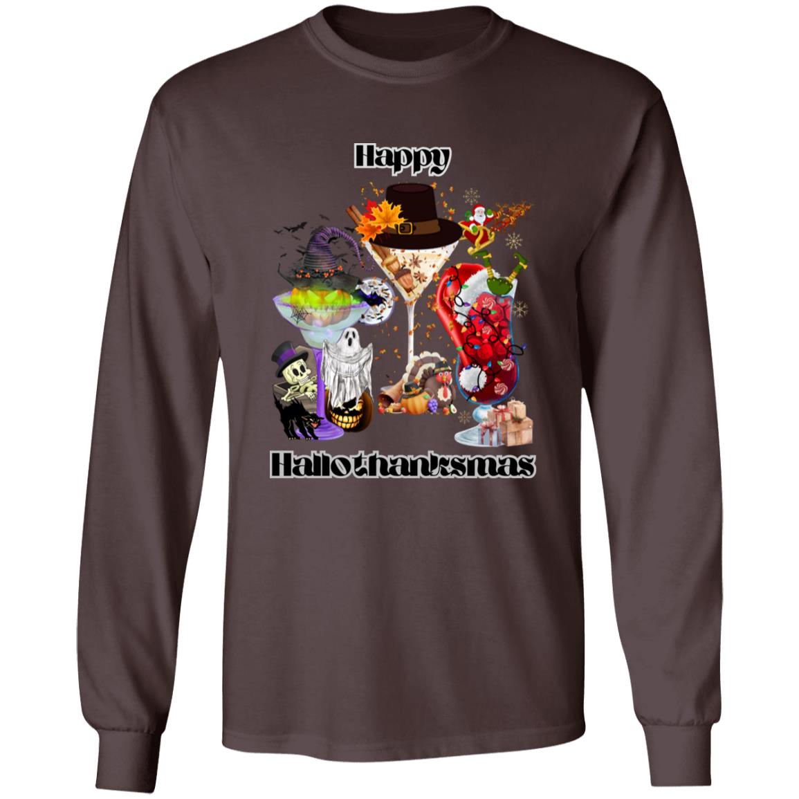 Happy Hallothanksmas Cocktails Dk Print| Long Sleeve T-Shirt