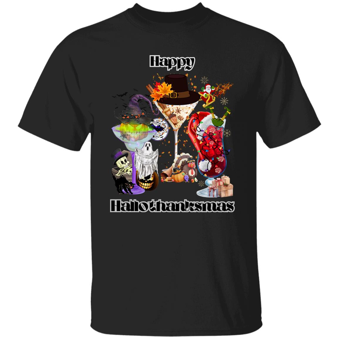 Happy Hallothanksmas Cocktails Dk Print| Short Sleeve T-Shirt