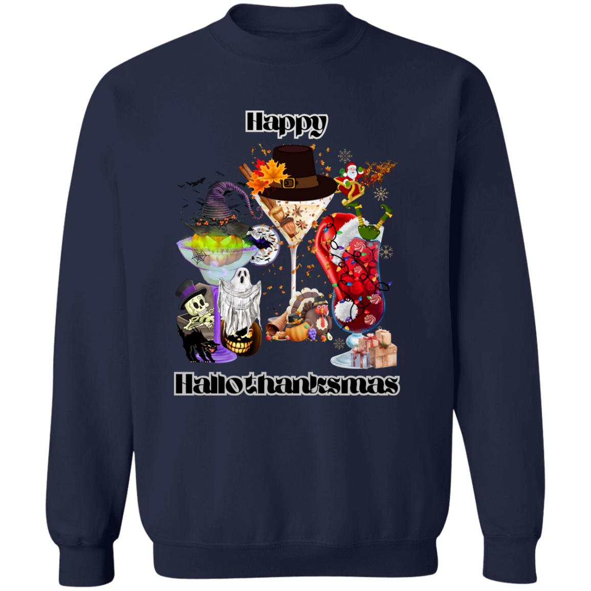 Happy Hallothanksmas Cocktails Dk Print| Pullover Sweatshirt