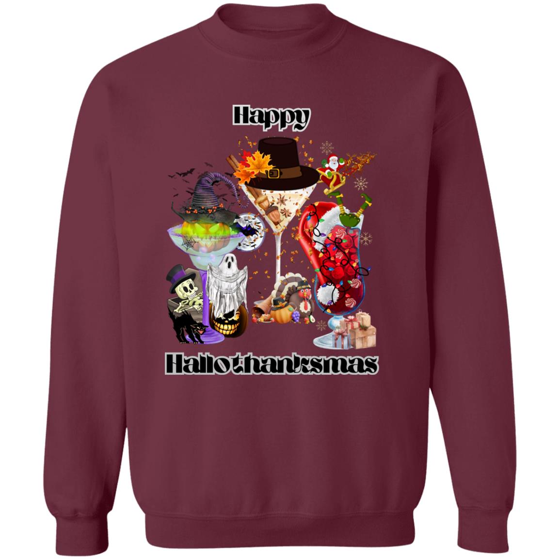 Happy Hallothanksmas Cocktails Dk Print| Pullover Sweatshirt