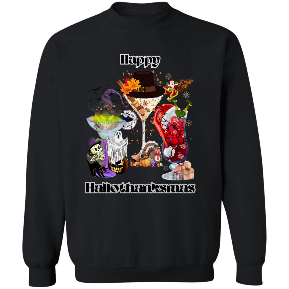 Happy Hallothanksmas Cocktails Dk Print| Pullover Sweatshirt